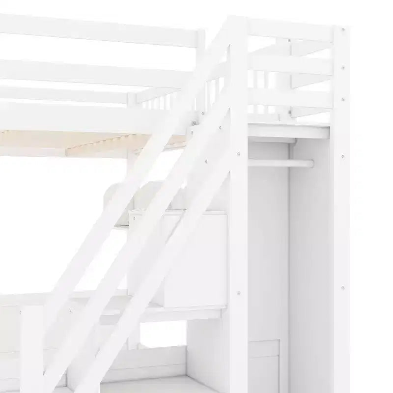 Cadre de lit mezzanine en bois Queen Size Whisen avec escalier et armoire, étagères de rangement et espace sous le lit