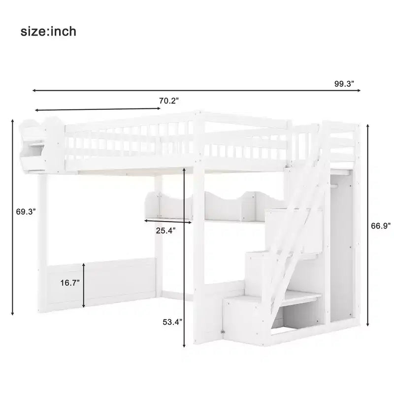 Cadre de lit mezzanine en bois Queen Size Whisen avec escalier et armoire, étagères de rangement et espace sous le lit
