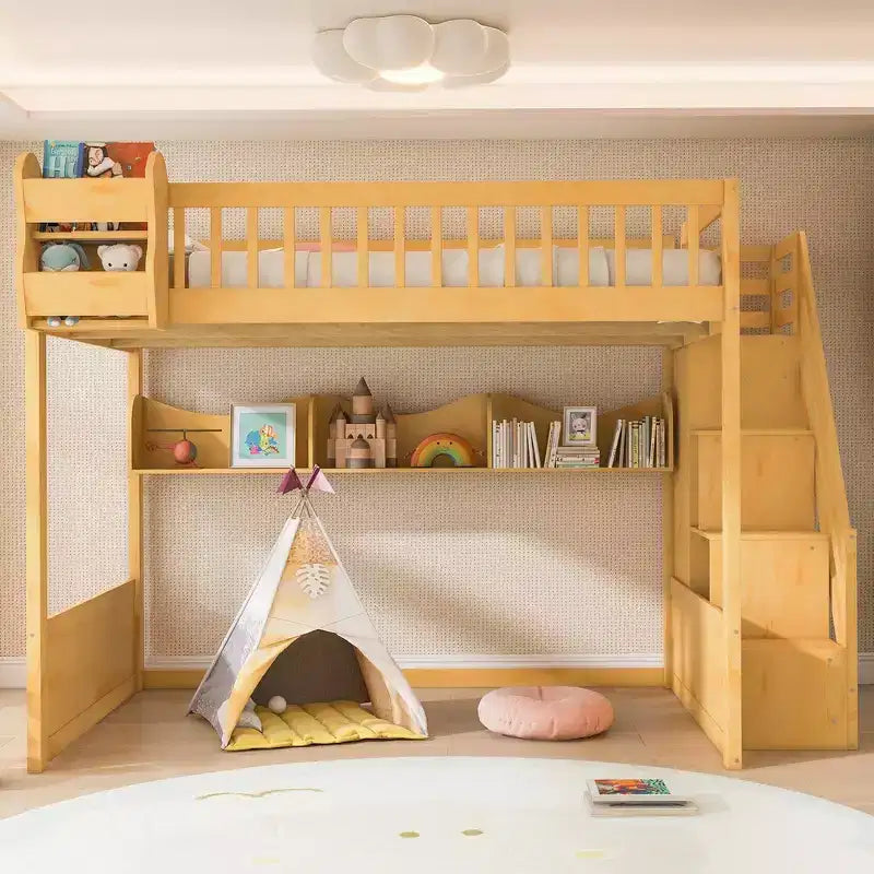 Cadre de lit mezzanine en bois Queen Size Whisen avec escalier et armoire, étagères de rangement et espace sous le lit