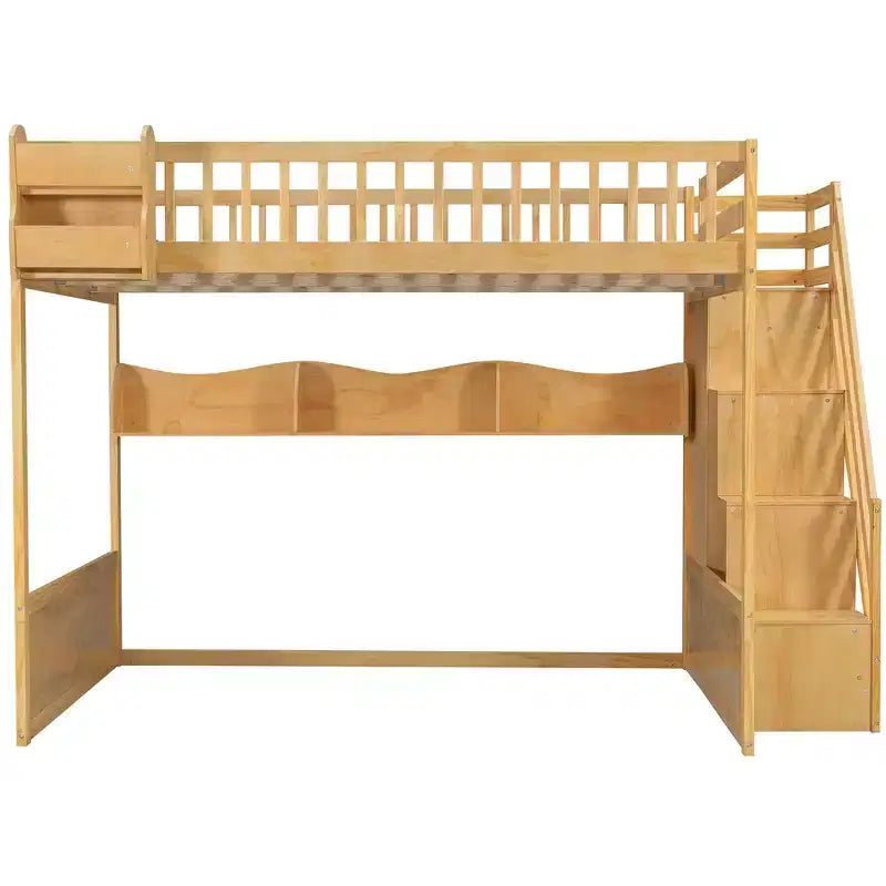 Cadre de lit mezzanine en bois Queen Size Whisen avec escalier et armoire, étagères de rangement et espace sous le lit