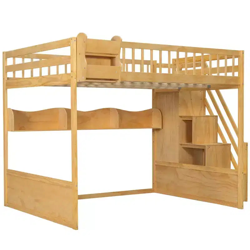 Cadre de lit mezzanine en bois Queen Size Whisen avec escalier et armoire, étagères de rangement et espace sous le lit