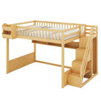 Cadre de lit mezzanine en bois Queen Size Whisen avec escalier et armoire, étagères de rangement et espace sous le lit