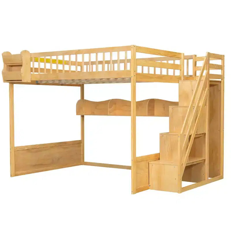 Cadre de lit mezzanine en bois Queen Size Whisen avec escalier et armoire, étagères de rangement et espace sous le lit