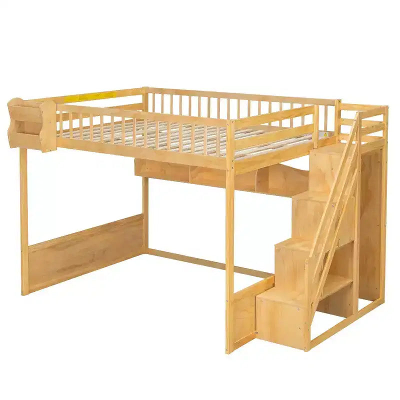 Cadre de lit mezzanine en bois Queen Size Whisen avec escalier et armoire, étagères de rangement et espace sous le lit