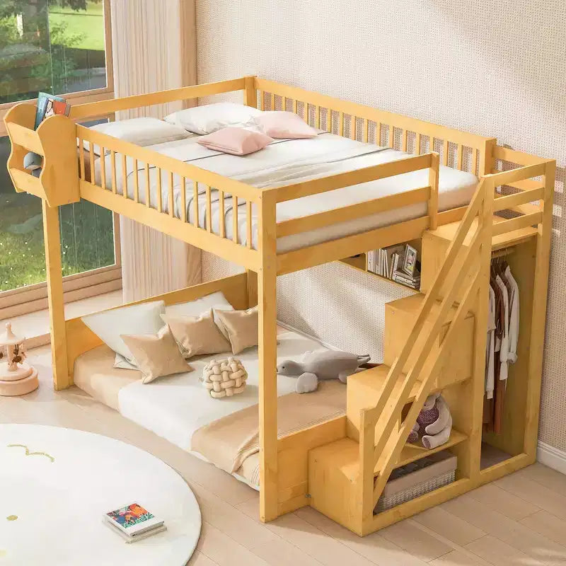 Whisen Queen Size Wooden Loft Bed Frame with Staircase and Wardrobe, Storage Shelves and Under-bed Space