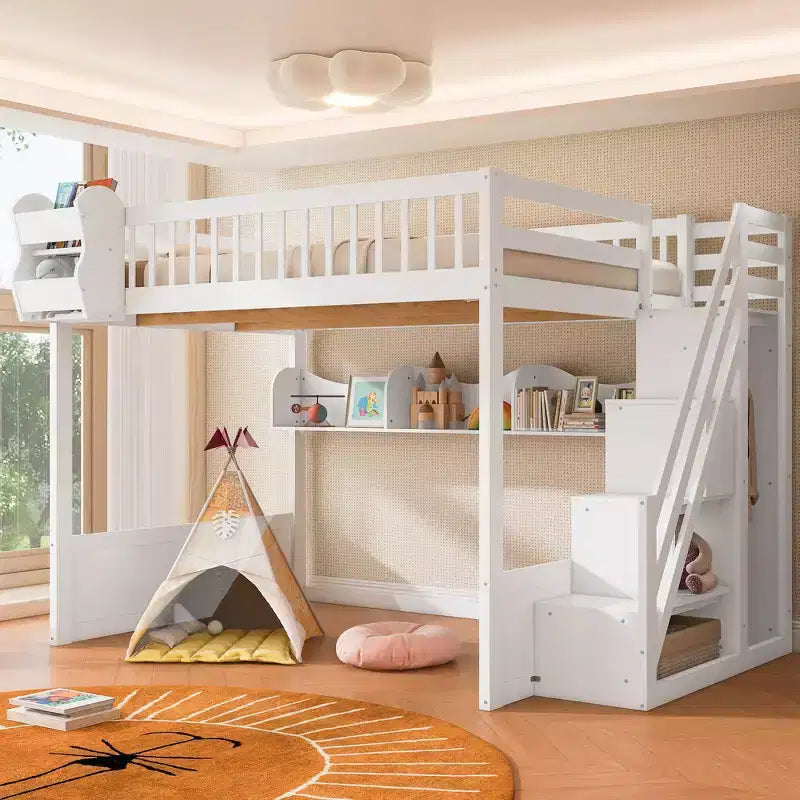 Cadre de lit mezzanine en bois Queen Size Whisen avec escalier et armoire, étagères de rangement et espace sous le lit