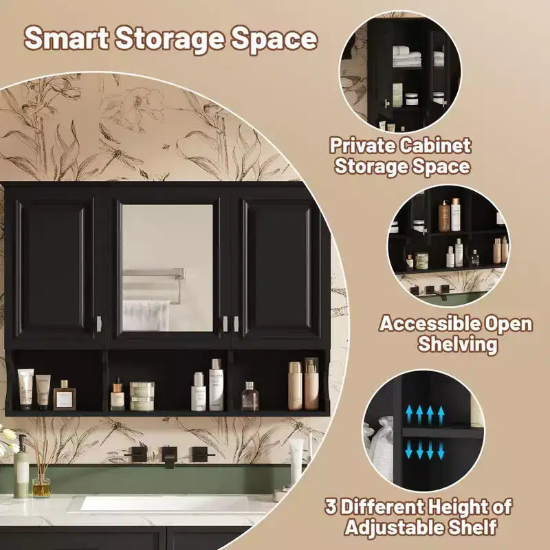 Meuble haut de salle de bain de 104 cm, armoire à pharmacie murale avec portes miroir et étagères réglables, meuble de rangement flottant pour salle de bain