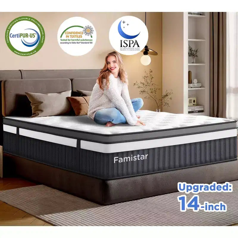 14 King Mattress in a Box,Gel Memory Foam&Pocket Coils,Medium Firm Hybrid Mattress,Back Support & Motion IsolationCooling Bed for Side Sleepers