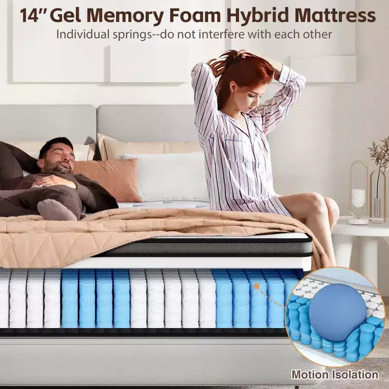 14 King Mattress in a Box,Gel Memory Foam&Pocket Coils,Medium Firm Hybrid Mattress,Back Support & Motion IsolationCooling Bed for Side Sleepers