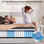 14 King Mattress in a Box,Gel Memory Foam&Pocket Coils,Medium Firm Hybrid Mattress,Back Support & Motion IsolationCooling Bed for Side Sleepers