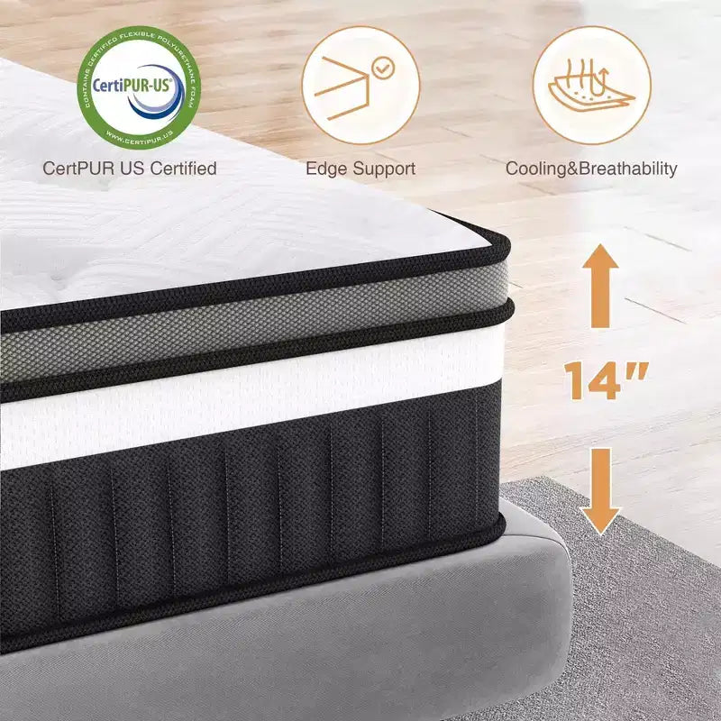 14 King Mattress in a Box,Gel Memory Foam&Pocket Coils,Medium Firm Hybrid Mattress,Back Support & Motion IsolationCooling Bed for Side Sleepers