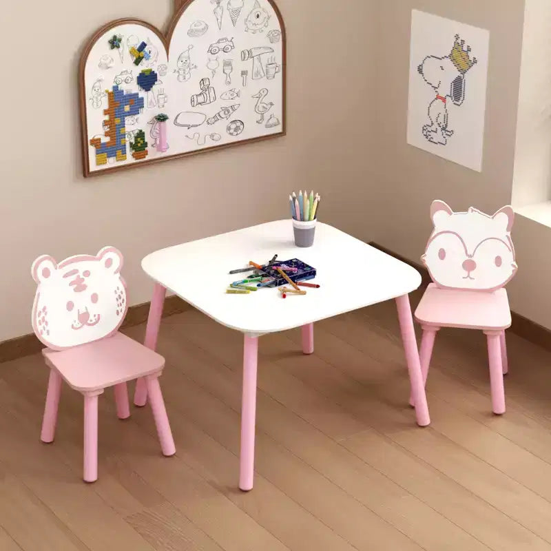 Kids Table and Chair Set, 3-Piece Wooden Toddler Desk with Animal Backrest, Activity Table for Drawing, Learning,Playroom or Nursery(Pink&White)