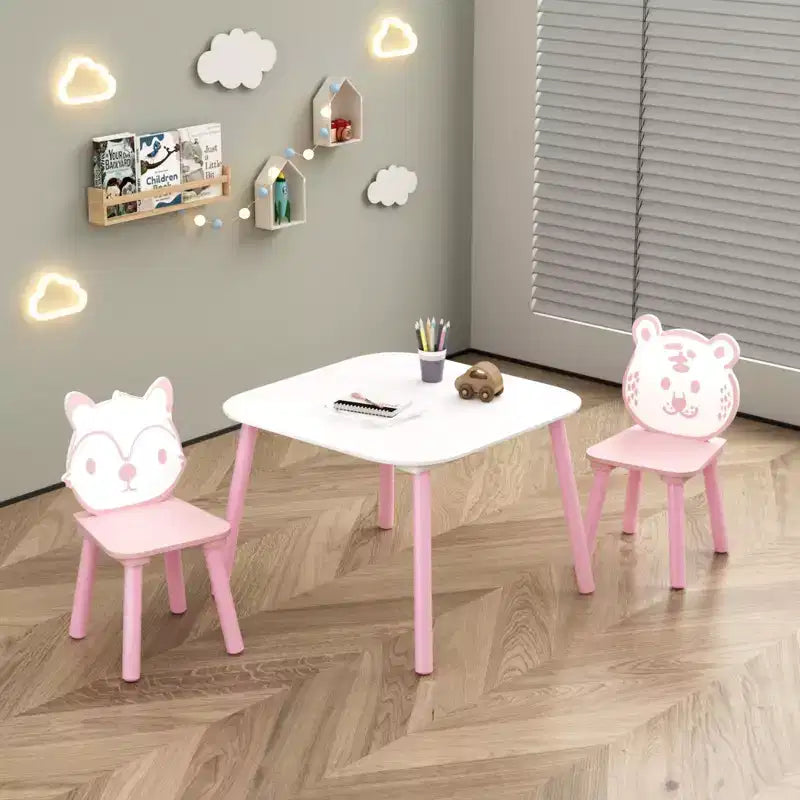 Kids Table and Chair Set, 3-Piece Wooden Toddler Desk with Animal Backrest, Activity Table for Drawing, Learning,Playroom or Nursery(Pink&White)