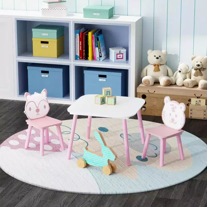 Kids Table and Chair Set, 3-Piece Wooden Toddler Desk with Animal Backrest, Activity Table for Drawing, Learning,Playroom or Nursery(Pink&White)