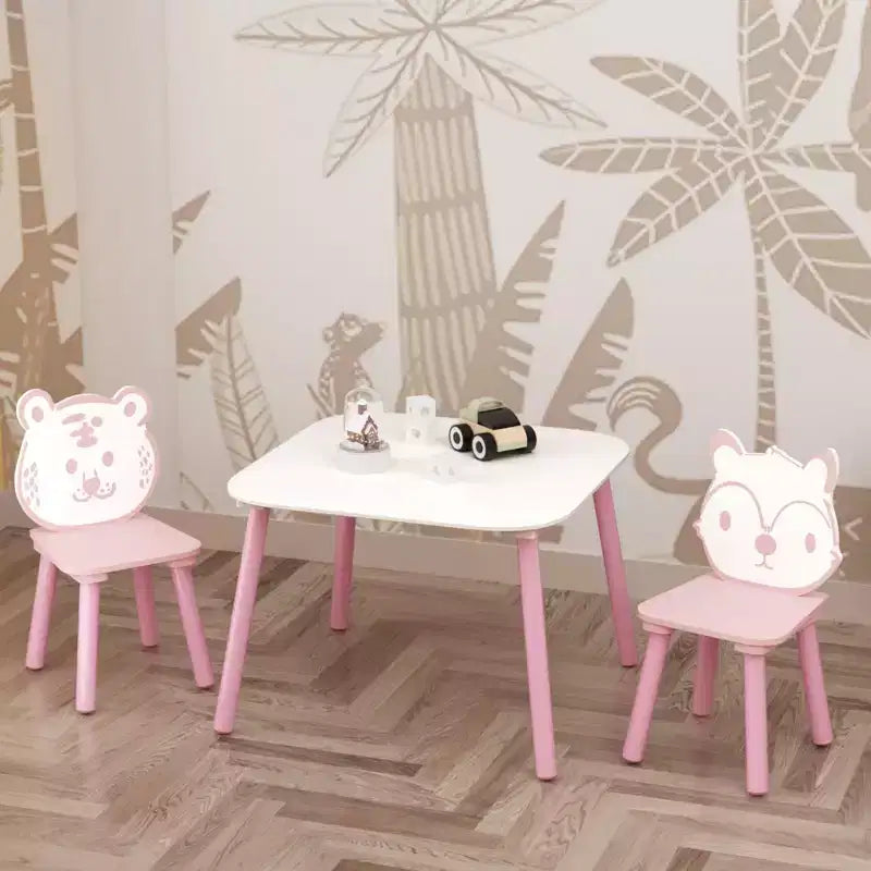 Kids Table and Chair Set, 3-Piece Wooden Toddler Desk with Animal Backrest, Activity Table for Drawing, Learning,Playroom or Nursery(Pink&White)