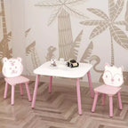 Kids Table and Chair Set, 3-Piece Wooden Toddler Desk with Animal Backrest, Activity Table for Drawing, Learning,Playroom or Nursery(Pink&White)