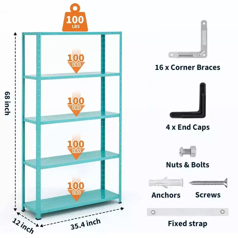 Acekool 68 Inch Light Green Five Tier Metal Bookshelf for Home Office Storage