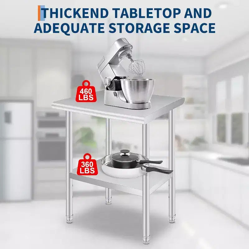 Acekool 24x36 Inch Stainless Steel Prep Table, 2-Tier Heavy Duty Work Table with Adjustable Undershelf for Kitchen, NSF Certified