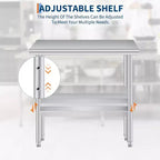Acekool 24x36 Inch Stainless Steel Prep Table, 2-Tier Heavy Duty Work Table with Adjustable Undershelf for Kitchen, NSF Certified