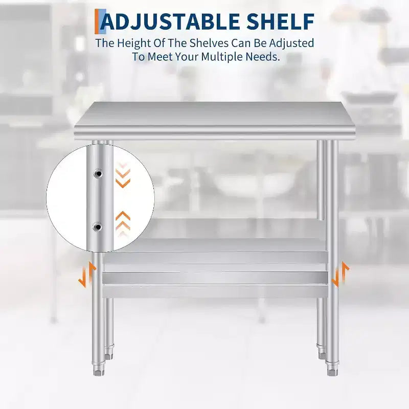 Acekool 24x36 Inch Stainless Steel Prep Table, 2-Tier Heavy Duty Work Table with Adjustable Undershelf for Kitchen, NSF Certified