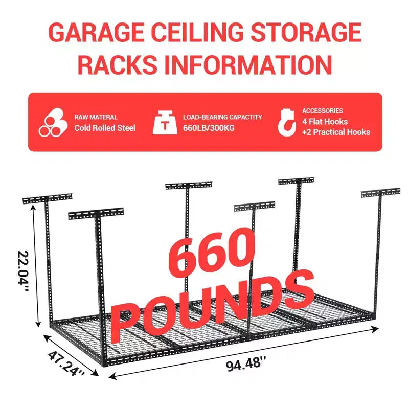 4x6 Overhead Garage Storage Rack  Heavy Duty Metal Ceiling Shelving, Adjustable Organization System for Garage  330lb Capacity, Easy Install