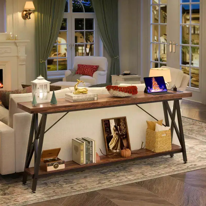 Besiost 71'' Console Table with Charging Station, Industrial Metal Frame Sofa Table with Storage Shelf