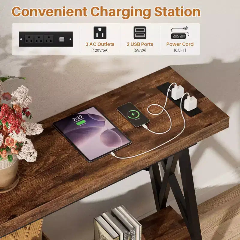 Besiost 71'' Console Table with Charging Station, Industrial Metal Frame Sofa Table with Storage Shelf