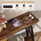 Besiost 71'' Console Table with Charging Station, Industrial Metal Frame Sofa Table with Storage Shelf