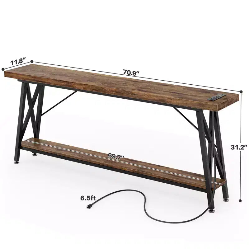 Besiost 71'' Console Table with Charging Station, Industrial Metal Frame Sofa Table with Storage Shelf