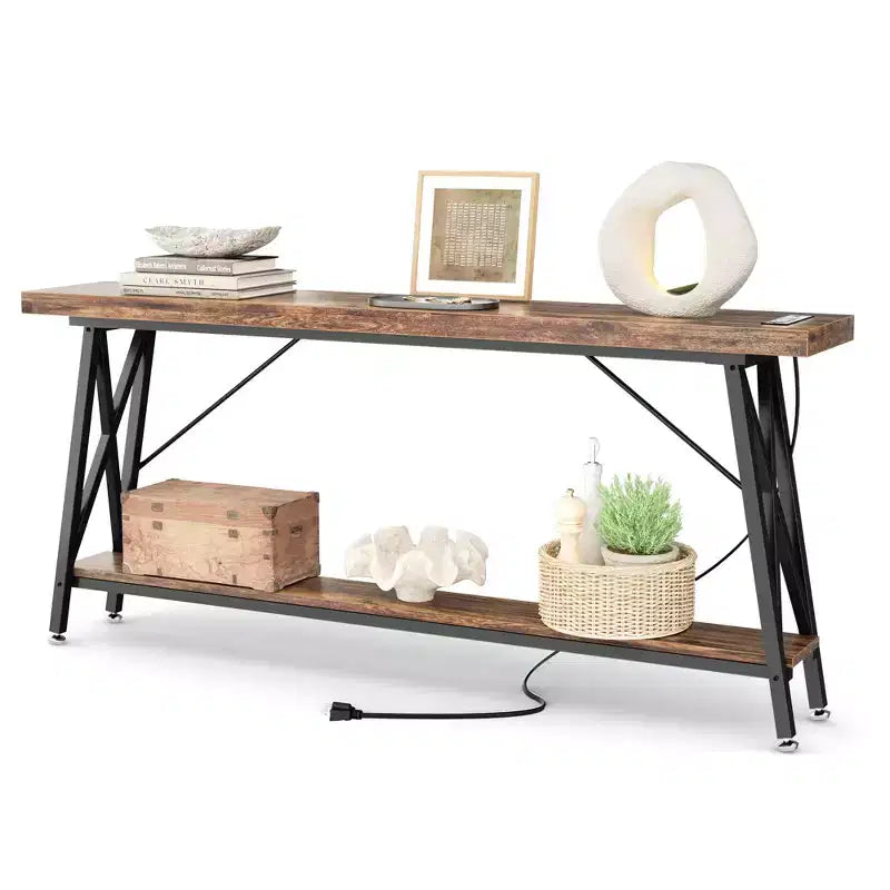 Besiost 71'' Console Table with Charging Station, Industrial Metal Frame Sofa Table with Storage Shelf