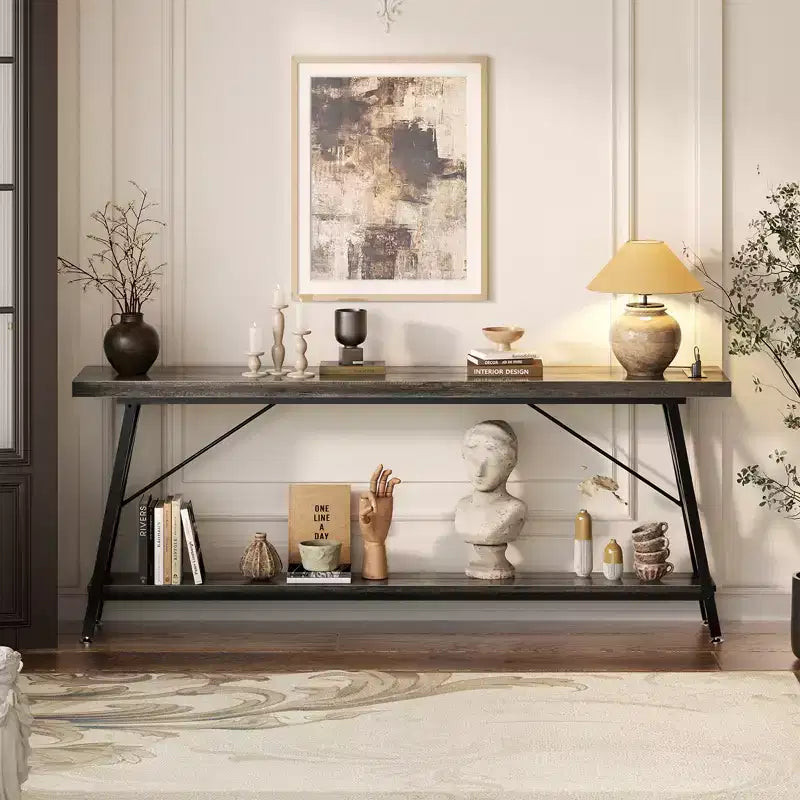 Besiost 71'' Console Table with Charging Station, Industrial Metal Frame Sofa Table with Storage Shelf
