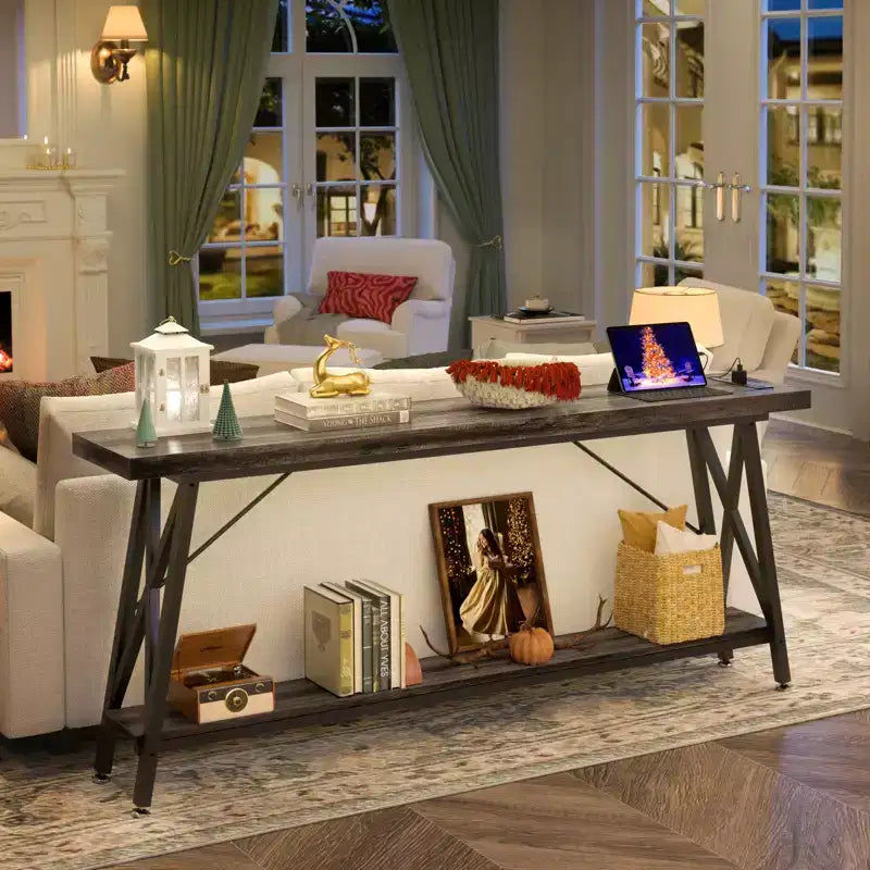 Besiost 71'' Console Table with Charging Station, Industrial Metal Frame Sofa Table with Storage Shelf