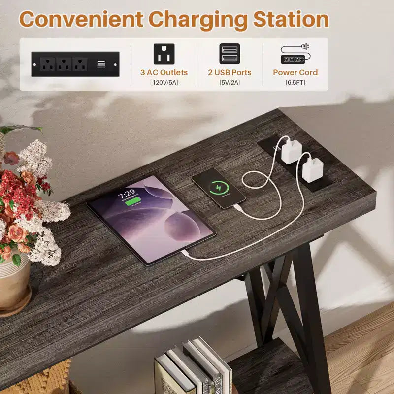 Besiost 71'' Console Table with Charging Station, Industrial Metal Frame Sofa Table with Storage Shelf