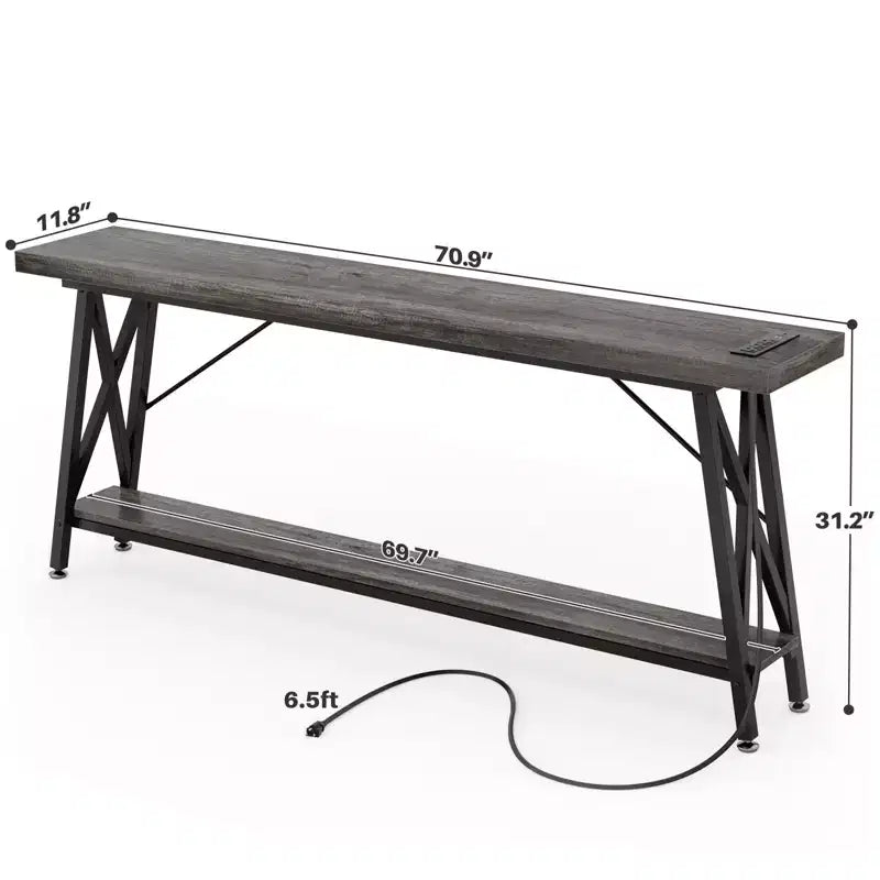 Besiost 71'' Console Table with Charging Station, Industrial Metal Frame Sofa Table with Storage Shelf