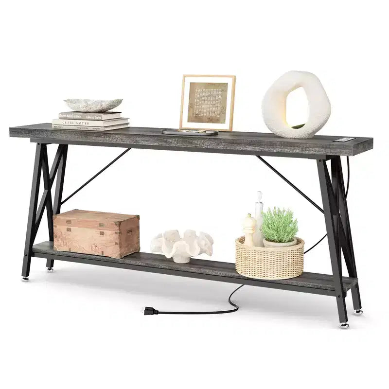 Besiost 71'' Console Table with Charging Station, Industrial Metal Frame Sofa Table with Storage Shelf