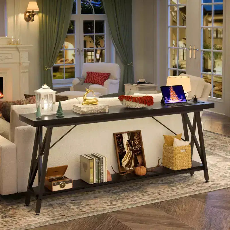 Besiost 71'' Console Table with Charging Station, Industrial Metal Frame Sofa Table with Storage Shelf