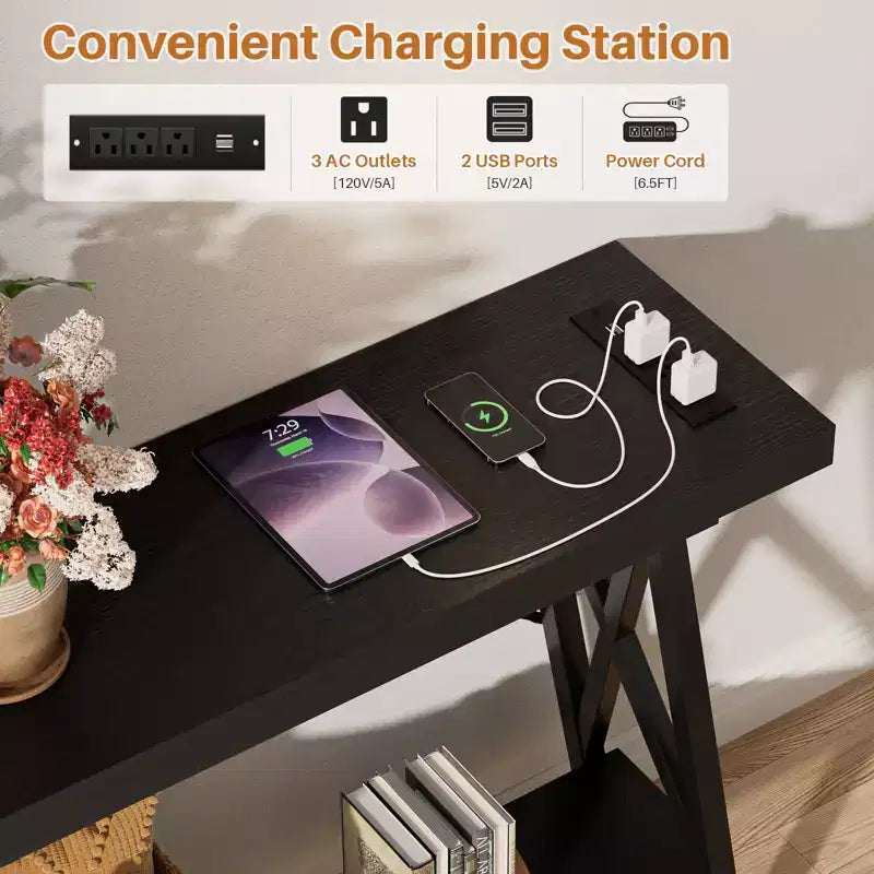 Besiost 71'' Console Table with Charging Station, Industrial Metal Frame Sofa Table with Storage Shelf