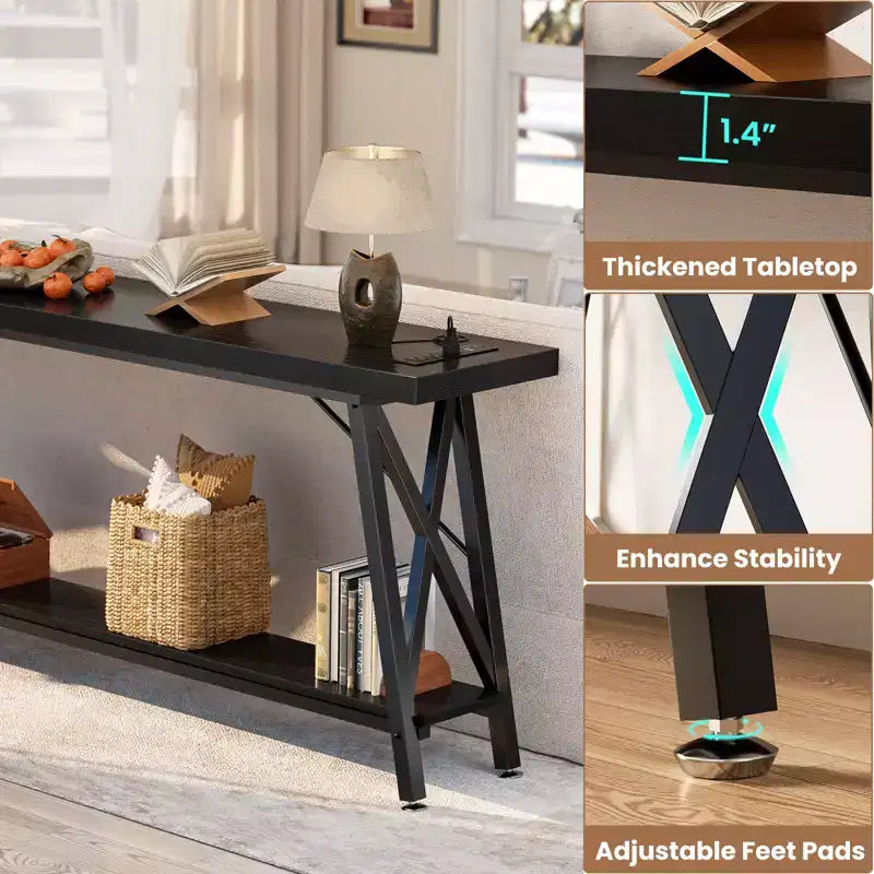 Besiost 71'' Console Table with Charging Station, Industrial Metal Frame Sofa Table with Storage Shelf