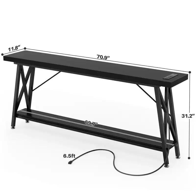 Besiost 71'' Console Table with Charging Station, Industrial Metal Frame Sofa Table with Storage Shelf