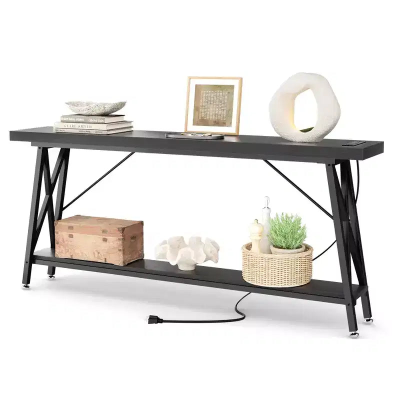 Besiost 71'' Console Table with Charging Station, Industrial Metal Frame Sofa Table with Storage Shelf