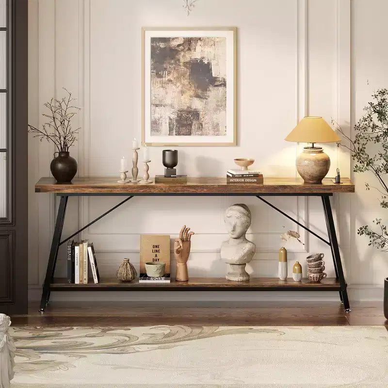Besiost 71'' Console Table with Charging Station, Industrial Metal Frame Sofa Table with Storage Shelf