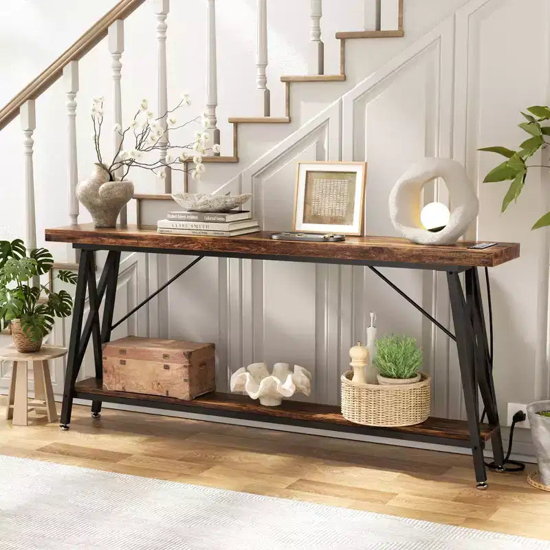 Besiost 71'' Console Table with Charging Station, Industrial Metal Frame Sofa Table with Storage Shelf
