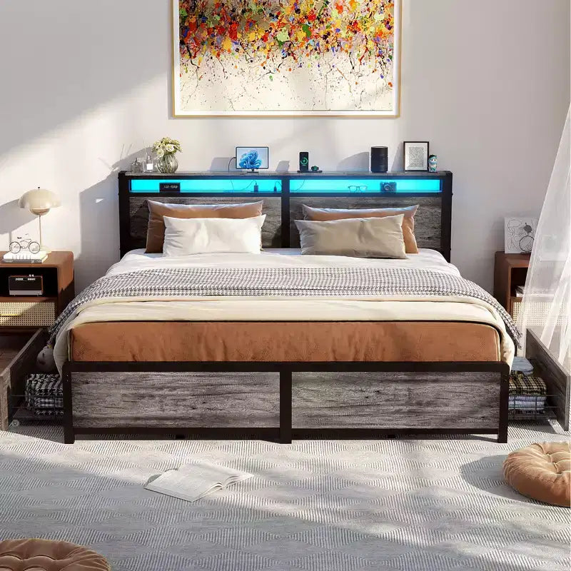 Besiost Bed Frame with Storage Drawers and Charging Station