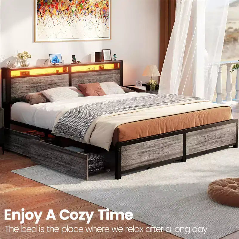Besiost Bed Frame with Storage Drawers and Charging Station