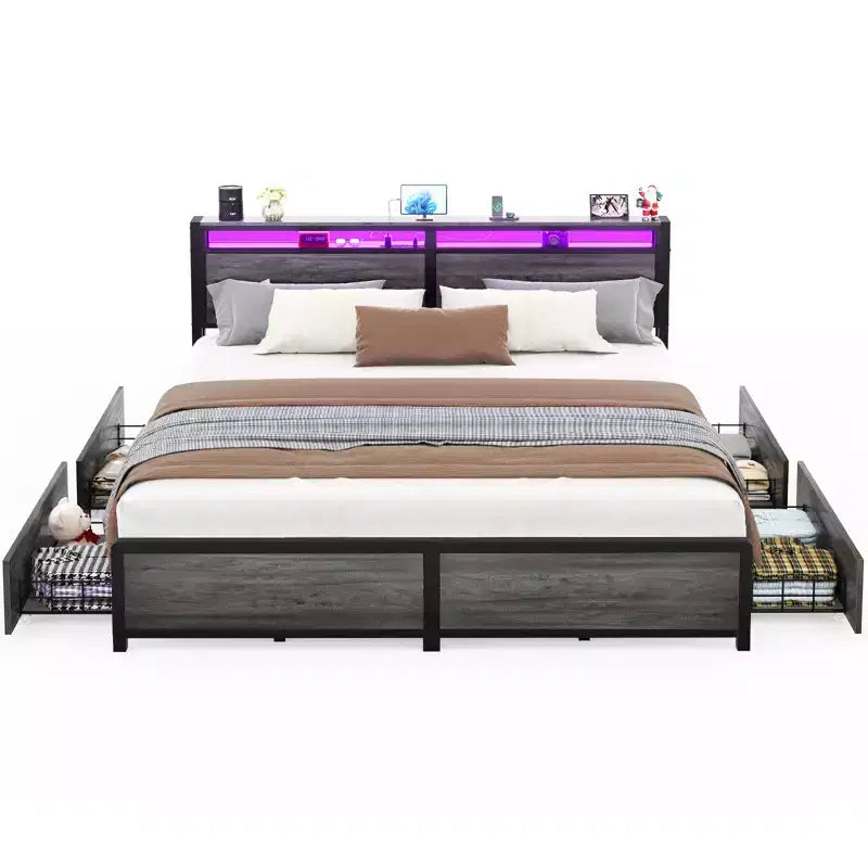 Besiost Bed Frame with Storage Drawers and Charging Station