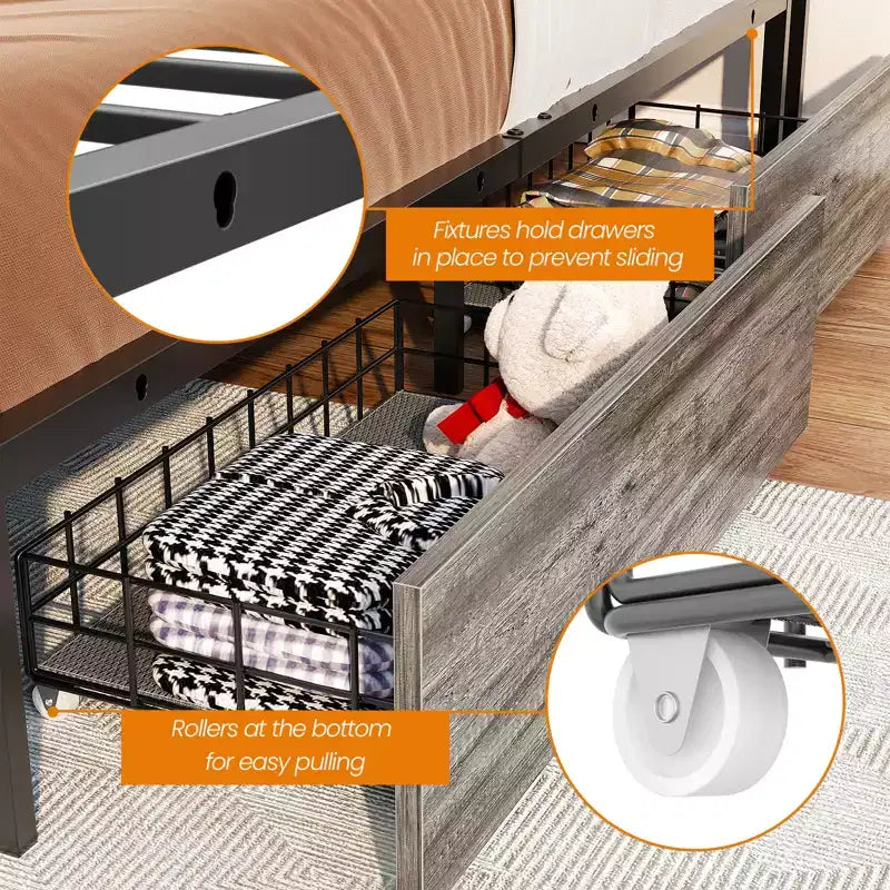 Besiost Bed Frame with Storage Drawers and Charging Station