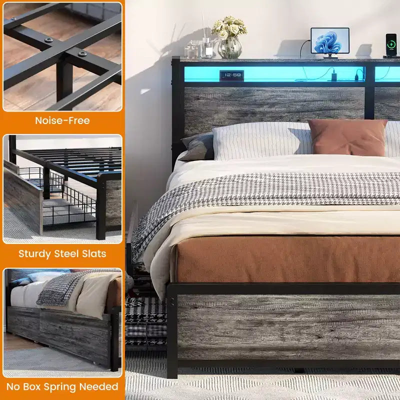 Besiost Bed Frame with Storage Drawers and Charging Station