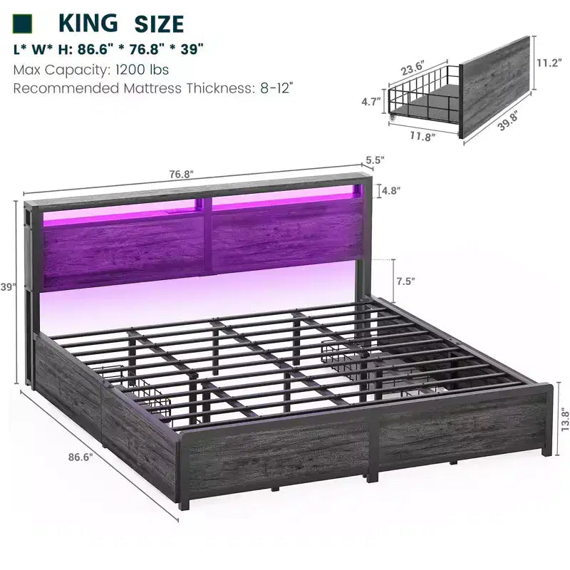 Besiost Bed Frame with Storage Drawers and Charging Station