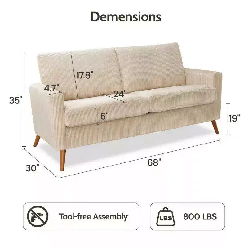 Dyonery 68 Loveseat Sofa, Modern Upholstered Couch with 24 Deep Seat, Padded Arms, Small Comfy Sofa for Living Room