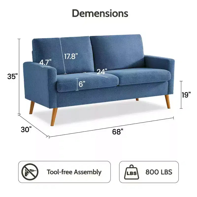 Dyonery 68 Loveseat Sofa, Modern Upholstered Couch with 24 Deep Seat, Padded Arms, Small Comfy Sofa for Living Room
